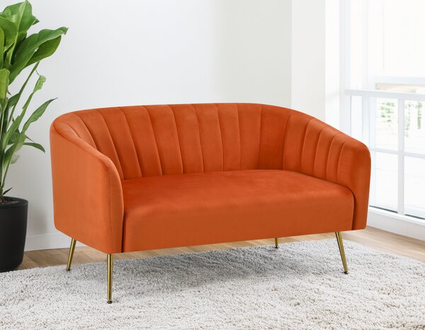 KONDELA Design kétszemélyes kanapé, terrakotta Velvet szövet/gold króm-arany, BAGY