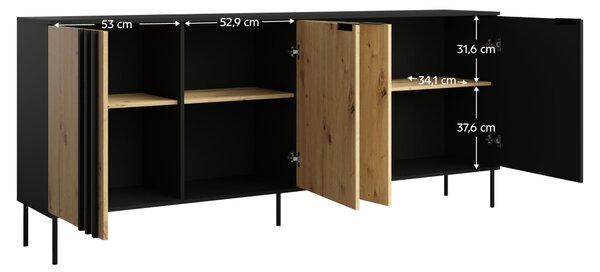 KONDELA Komód 4D, fekete/artisan tölgy, RIMINA