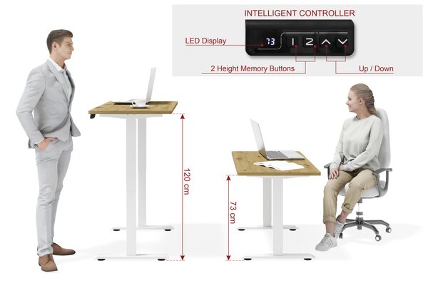BIMotion iroda-/gamerasztal, elektromosan állítható magassággal, intelligens vezérlővel, artisan tölgy színben, fehér lábakkal 120x65