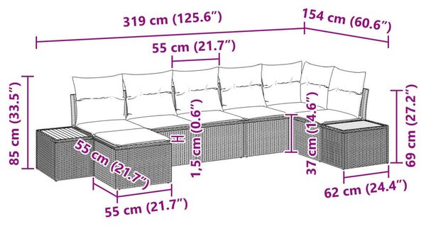 7 részes Kerti Kanapészett Párnákkal Szürke Poli Rattan Akácia