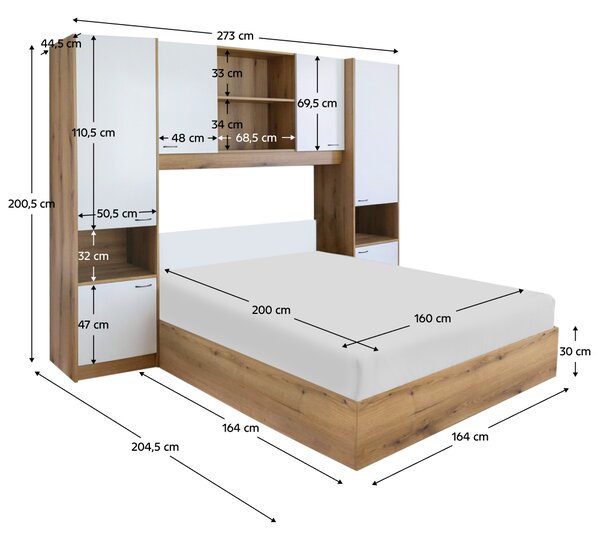 KONDELA Ágy felépítménnyel, 160x200, fehér magasfényű HG, MILAGA