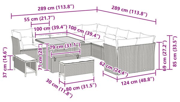 13 Darabos Kerti Kanapé Szett Párnákkal Bézs Poli Rattan Akácia