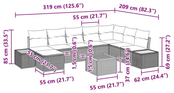 9 darabos kerti kanapé szett párnákkal fekete poli rattan akácból