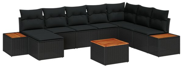 9 darabos kerti kanapé szett párnákkal fekete poli rattan akácból
