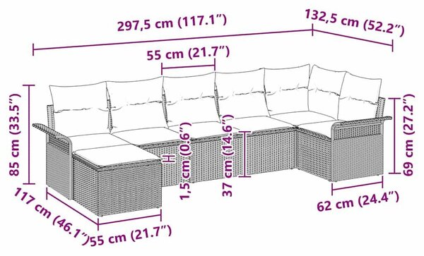7 darabos Kerti Kanapé Szett Párnákkal Világosszürke Polirattan