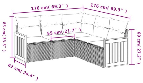 5 részes fekete polyrattan kerti kanapészett párnákkal