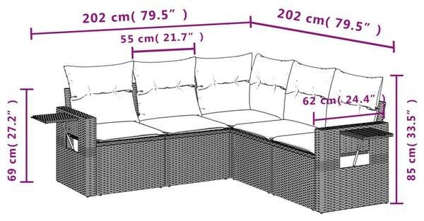 5 részes fekete polyrattan kerti kanapészett párnákkal