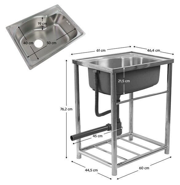KONDELA Rozsdamentes mosogató szifonnal, 61x46 cm, INOX NEW