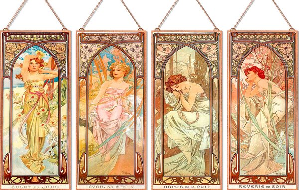 Alfons Mucha - Napszakok (Garnitúra) Pasztell üvegkép, falikép
