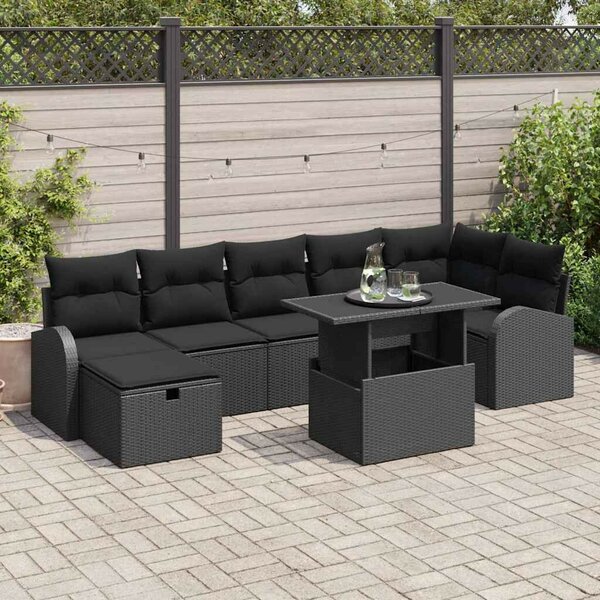 Kerti Kanapé Szett párnával tárolóval 8 pcs Fekete Poli rattan