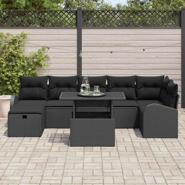Kerti Kanapé Szett párnával tárolóval 8 pcs Fekete Poli rattan