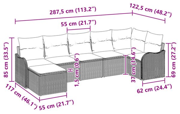 7 darabos Kert Kanapé Szett Párnákkal Fekete Poli Rattan, 2 fős Kert Kanapé Párnákkal Fekete Poli Rattan