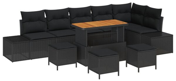 10 Részes Kerti Kanapé Szett Párnákkal Fekete Poli Rattan Akác, 2-fős Kerti Kanapé Párnákkal Fekete Poli Rattan, 4 Részes Kerti Étkező Szett Párnákkal Fekete Poli Rattan Akác