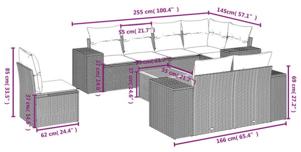 VidaXL 9 részes fekete polyrattan kerti ülőgarnitúra párnákkal