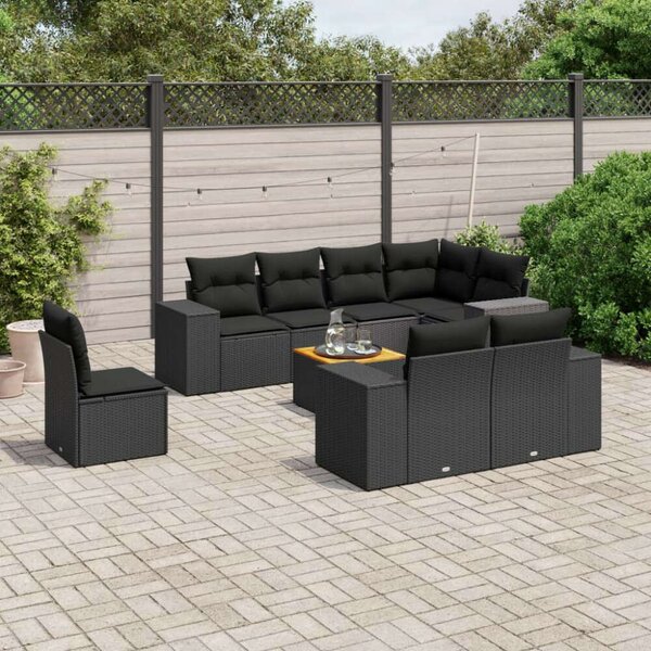 VidaXL 9 részes fekete polyrattan kerti ülőgarnitúra párnákkal
