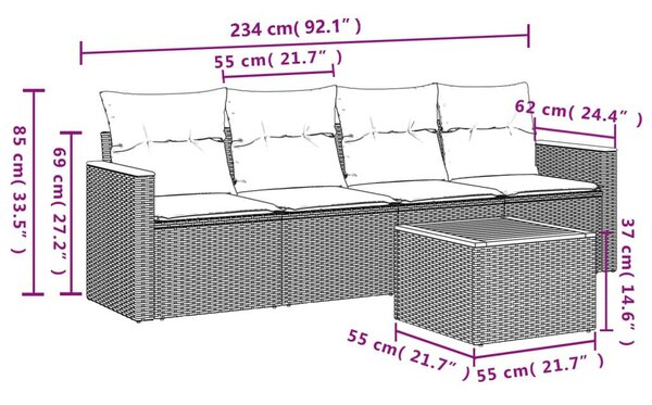VidaXL 5 részes fekete polyrattan kerti kanapészett párnákkal