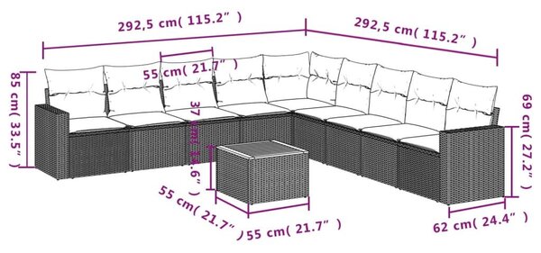 VidaXL 10 részes vegyes bézs polyrattan kerti ülőgarnitúra párnákkal