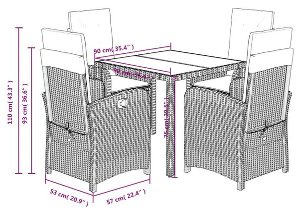 VidaXL Polyrattan Kerti Étkezőgarnitúra - 5 részes - Fekete
