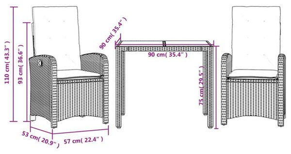 VidaXL Polyrattan Kerti Étkezőgarnitúra - 3 részes - Fekete