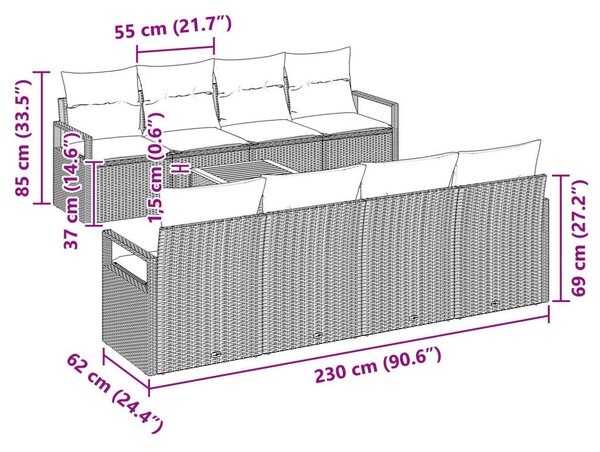 9 részes kertibútor szett párnákkal Bézs Poli Rattan Akácia, 2 személyes kertibútor párnákkal Bézs Poli Rattan