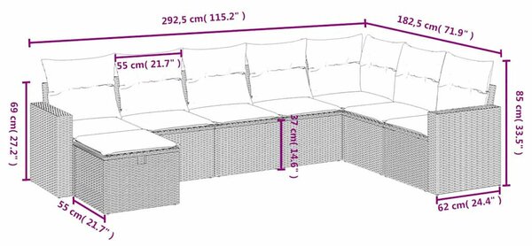 Polyrattan Kerti Ülőgarnitúra - 8 részes - Fekete