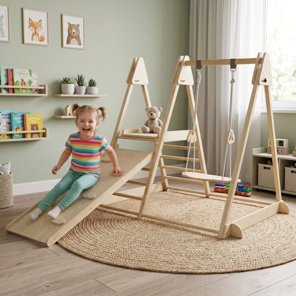 Pepita 3in1 beltéri Montessori Mászóka csúszdával és hintával - Barna