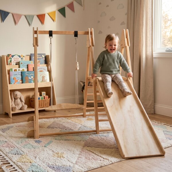 Pepita 3in1 beltéri Montessori Mászóka csúszdával és hintával - Barna