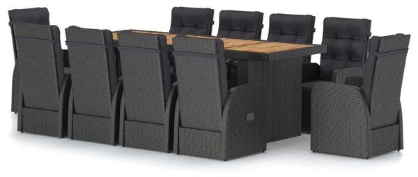 VidaXL 11 részes fekete polyrattan kültéri étkezőszett párnákkal