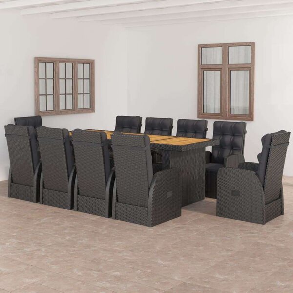 VidaXL 11 részes fekete polyrattan kültéri étkezőszett párnákkal