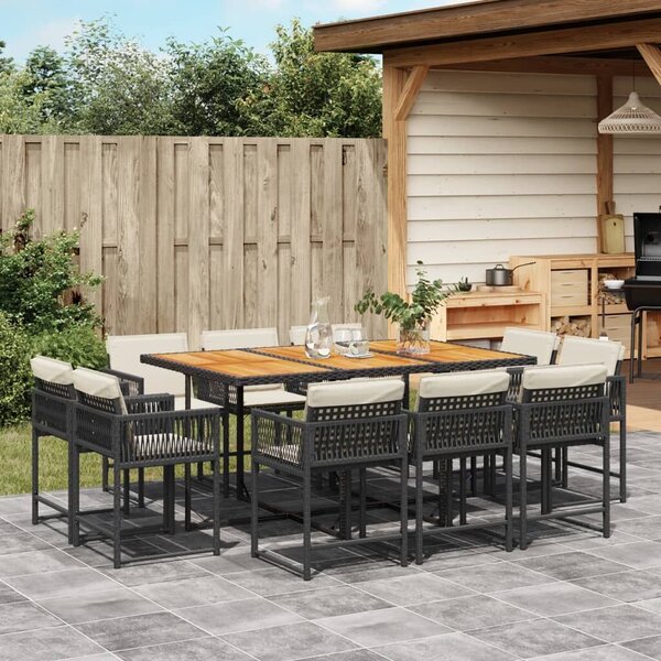 VidaXL 11 részes fekete polyrattan kerti étkezőgarnitúra párnákkal