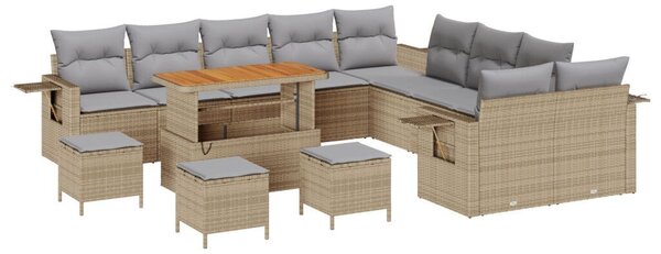13 részes kerti szófa szett párnákkal Bézs Poly Rattan Akácia, 3 részes kerti étkező szett párnákkal Bézs Poly Rattan Akácia
