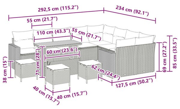 12 darabos kertikézmű párnákkal bézs poly rattan akác, 3 darabos kert étkező szett párnákkal bézs poly rattan akác