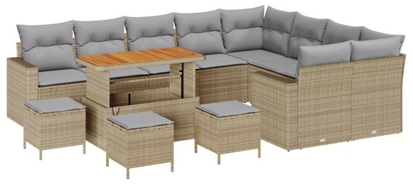 12 darabos kertikézmű párnákkal bézs poly rattan akác, 3 darabos kert étkező szett párnákkal bézs poly rattan akác