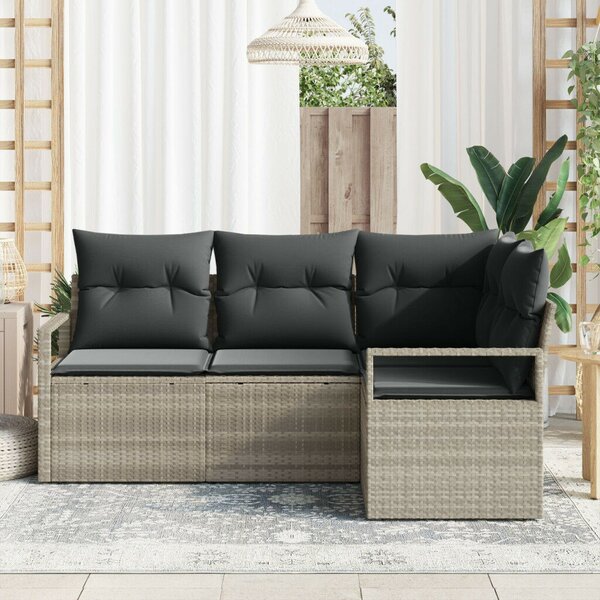 4 darabos kertibútor szett párnákkal, világosszürke, poli rattan, 2 személyes kertibútor párnákkal, szürke, poli rattan