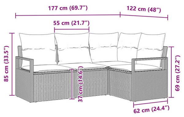 4 darabos kertibútor szett párnákkal, világosszürke, poli rattan, 2 személyes kertibútor párnákkal, szürke, poli rattan