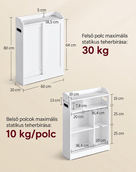 Keskeny fürdőszobai szekrény WC-papír-tartóval és WC-kefe rekesszel, tolóajtókkal, 60 x 20 x 80 cm, felhőfehér