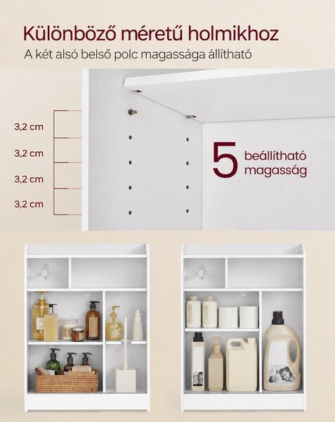 Keskeny fürdőszobai szekrény WC-papír-tartóval és WC-kefe rekesszel, tolóajtókkal, 60 x 20 x 80 cm, felhőfehér