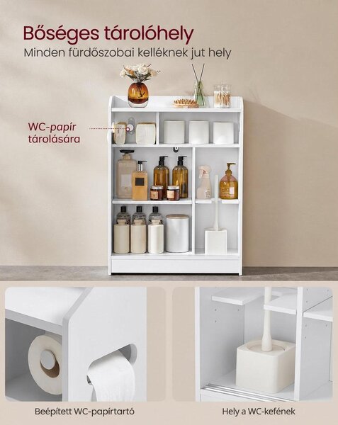 Keskeny fürdőszobai szekrény WC-papír-tartóval és WC-kefe rekesszel, tolóajtókkal, 60 x 20 x 80 cm, felhőfehér