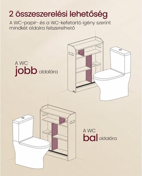 Keskeny fürdőszobai szekrény WC-papír-tartóval és WC-kefe rekesszel, tolóajtókkal, 60 x 20 x 80 cm, felhőfehér