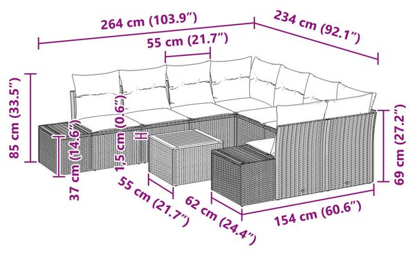 Kerti Kanapé Szett 9 darabos Fekete Poli Rattan