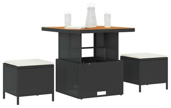 3 darabos kerti étkező szett párnákkal fekete polyrattan akáccal