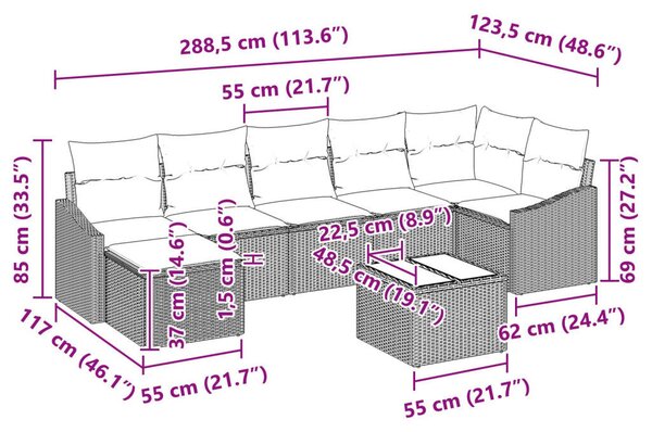 8 Részes Kerti Kanapészett Párnákkal Szürke Poli Rattan