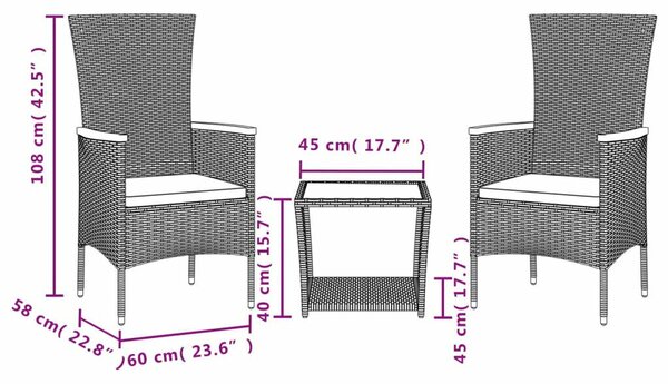 Polyrattan Kerti Étkezőgarnitúra - 3 részes - Szürke