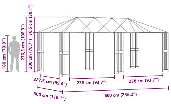 VidaXL Pavilon Váz 6 x 3 m Fekete Acél