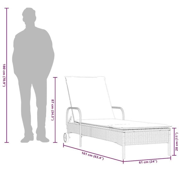 VidaXL barna polyrattan napozóágy kerekekkel és párnával