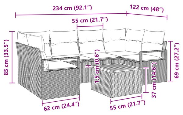Kerti Kanapé Szett 7 db Fekete polirattan