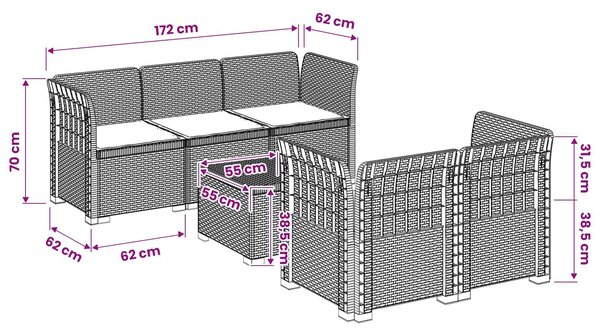 VidaXL 5-Személyes Kerti Kanapé Párnákkal Rattan Hatású PP