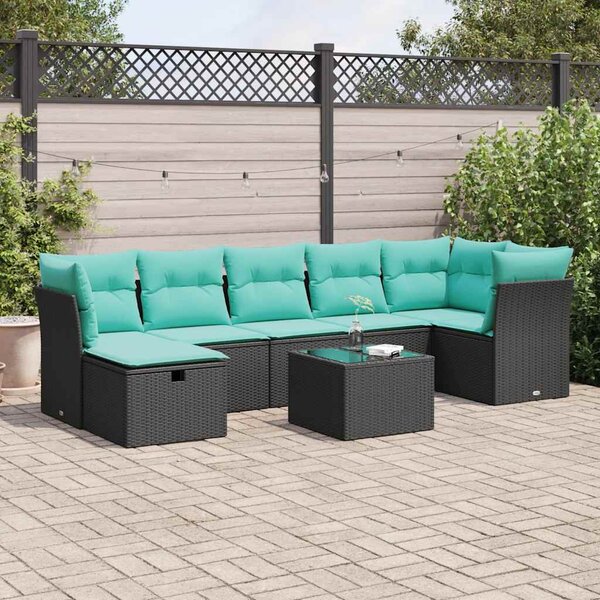 8 részes fekete polyrattan kerti ülőgarnitúra párnákkal