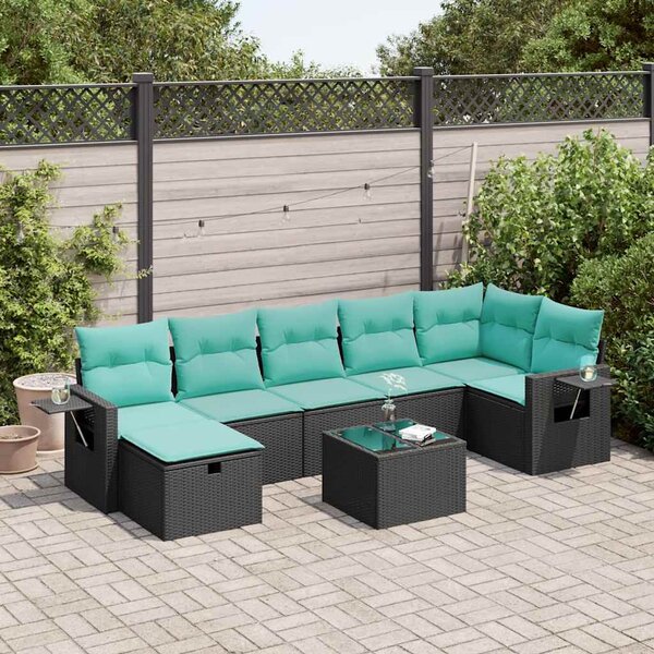 8 részes fekete polyrattan kerti ülőgarnitúra párnákkal