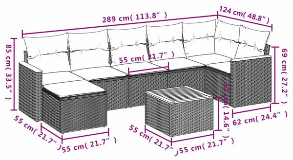 Polyrattan Kerti Ülőgarnitúra - 8 részes - Fekete